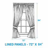 Dimension diagram of Tinderbox Brown Plaid Lined Panel Curtains showing 72 inches wide by 84 inches long with tiebacks illustrated