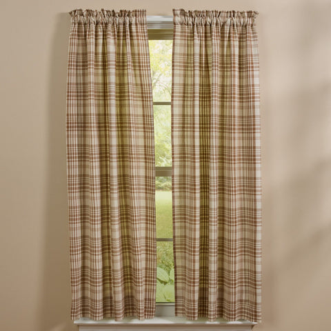 Tinderbox Brown Plaid Short Panel Curtains 63" hanging on a window, set of 2 cotton farmhouse panels in brown, oatmeal and espresso plaid with rod pocket header