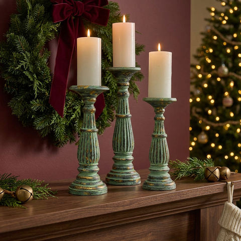 Verdi Green Candlesticks in a new Christmas mantel setting