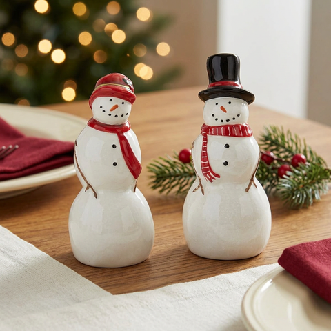 Vintage Snowman Salt & Pepper Shaker Set on a Christmas dining table