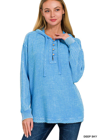 Washed Double Gauze Button Closure Hoodie - Deep Sky-Lange General Store