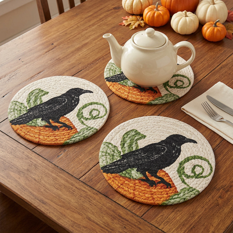 Watching Pumpkins trivets with an ivory teapot in a fall table setting