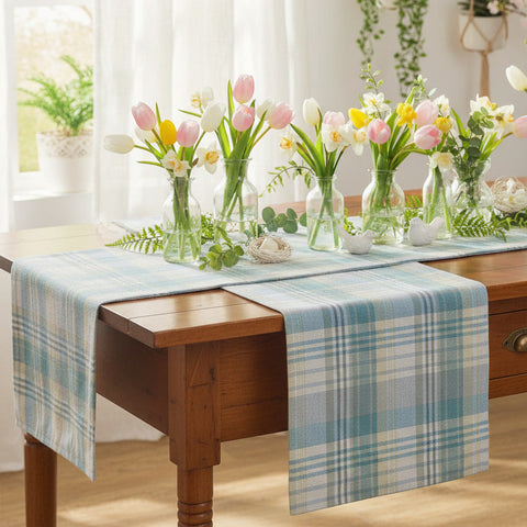 Water Blue Plaid Table Runners-Lange General Store