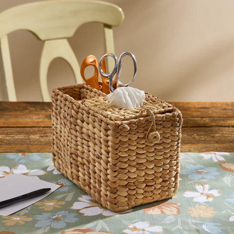 Cinthia hyacinth desk organizer used as a tissue and utensil caddy on a dining table