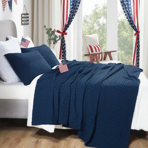 Waffle Weave Navy Blue Blanket-Lange General Store