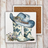 Western Blue & White Cowboy Boots Stone Coaster-Lange General Store