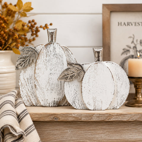White Wash Farmhouse Wooden Pumpkin Set of 2