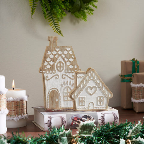White Washed Gingerbread Drive Natural Wooden Houses Set of 2-Lange General Store