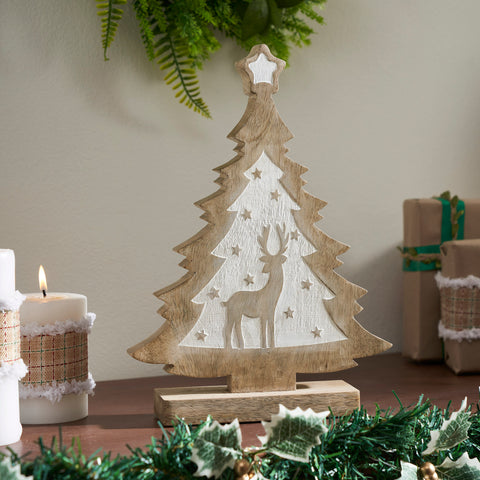White Washed Winter Frolic Natural Wooden Tree-Lange General Store