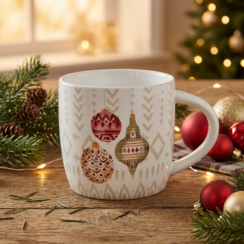 Square Christmas lifestyle image of the Winter Ornament Mug on a rustic wood surface with pine branches, ornaments, and warm lights