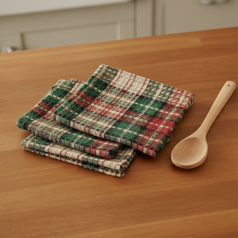 Clearly overhead lifestyle view of the Winter Spice dishcloth set