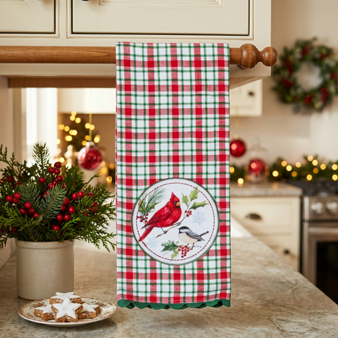 Winterberry Cardinal Patch Tea Towel in a square Christmas kitchen setting