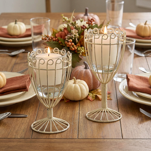 Wire Wine Glass Votive Holders in a Thanksgiving table setting