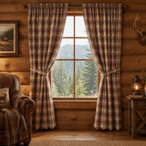 Woodland Brown Panel Curtains in a rustic log cabin living room