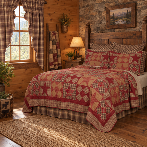 New rustic bedroom featuring the Woodland Brown Star Quilt, bed skirt, pillows and curtains