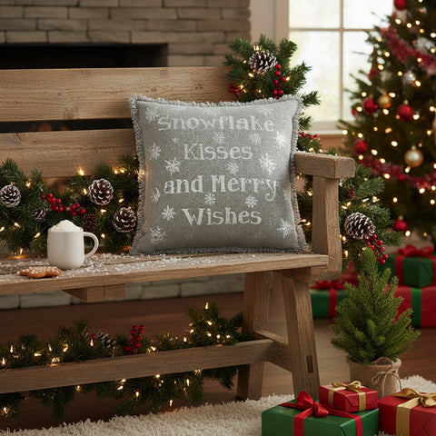 Yuletide Burlap Dove Grey Snowflake Kisses Pillow-Lange General Store