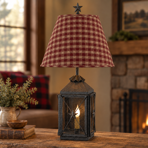 Black lantern lamp with corrected Bridgeton Wine plaid shade