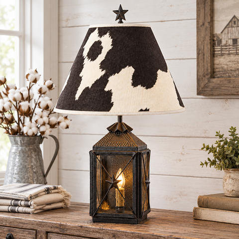 Black lantern lamp with Holstein shade in farmhouse setting