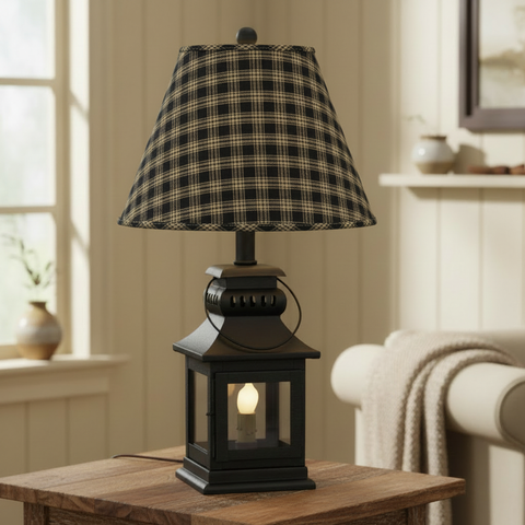 Cambridge black lantern lamp with Bridgeton black-and-tan plaid shade