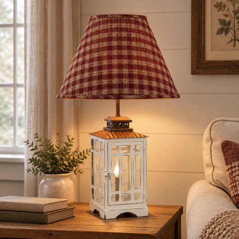 Dorset Lantern Lamp with Bridgeton Wine plaid shade in a farmhouse living room