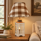 Dorset Lantern Lamp with brown buffalo check shade in a farmhouse living room