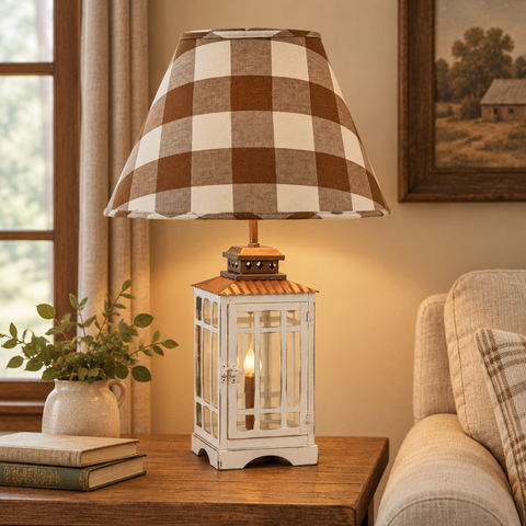 Dorset Lantern Lamp with brown buffalo check shade in a farmhouse living room