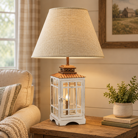 Dorset Lantern Lamp with Classic Wheat Shade in a farmhouse living room