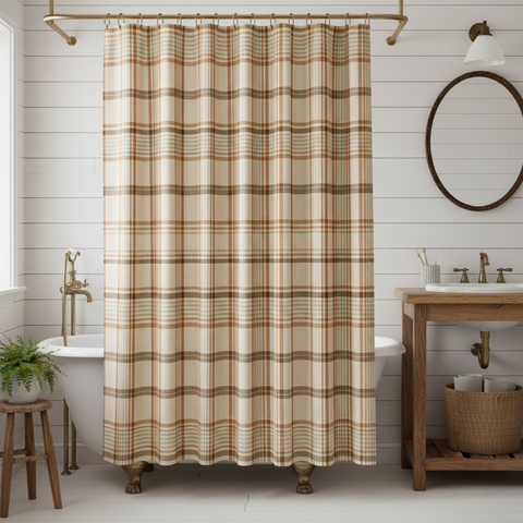 Fresh square farmhouse bathroom image with the Toffee and Elm plaid shower curtain
