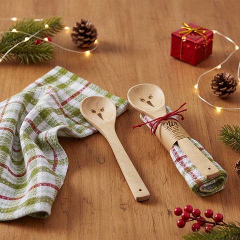 Snowman Plaid dishtowel and wooden spoon set Christmas lifestyle image