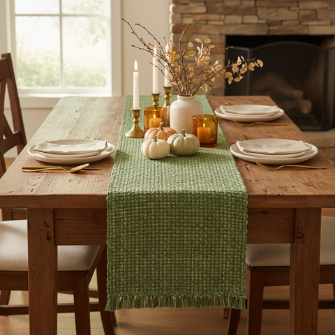 Square fall lifestyle image featuring the sage green table runner