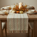 Square fall tablescape featuring the Toffee and Elm Yarn Basketweave Table Runner