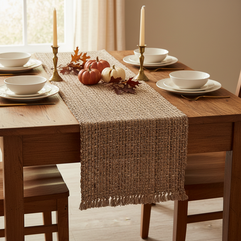 Square fall tablescape featuring the Tweed Espresso Table Runner