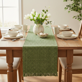 Square spring tablescape featuring the sage green table runner