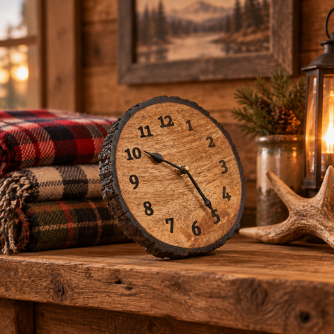 Wood Slice Table Clock in a rustic home setting