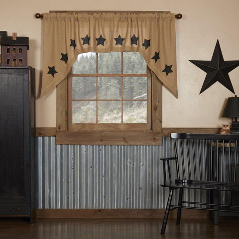 Burlap with Black Stars Swag Curtains-Lange General Store