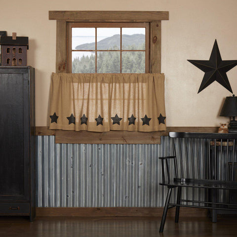 Burlap with Black Stars Tier Curtains 24"-Lange General Store