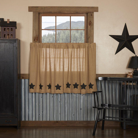 Burlap with Black Stars Tier Curtains 36"-Lange General Store