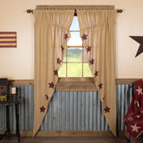 Burlap with Burgundy Stars Long Prairie Curtains-Lange General Store