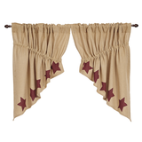Burlap with Burgundy Stars Prairie Swag Curtains-Lange General Store
