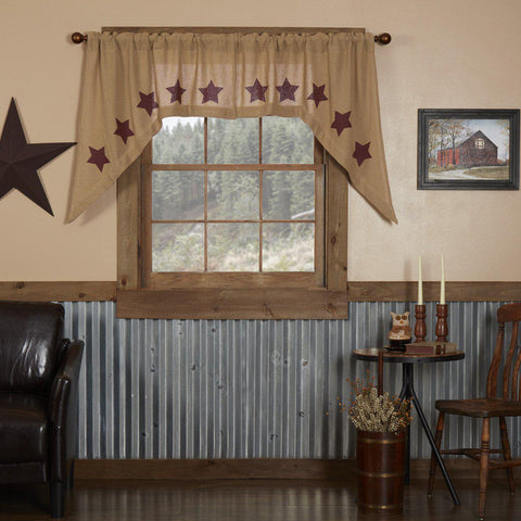 Burlap with Burgundy Stars Swag Curtains-Lange General Store