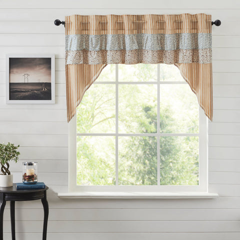 Kaila Ticking Gold Ruffled Swag Curtains-Lange General Store